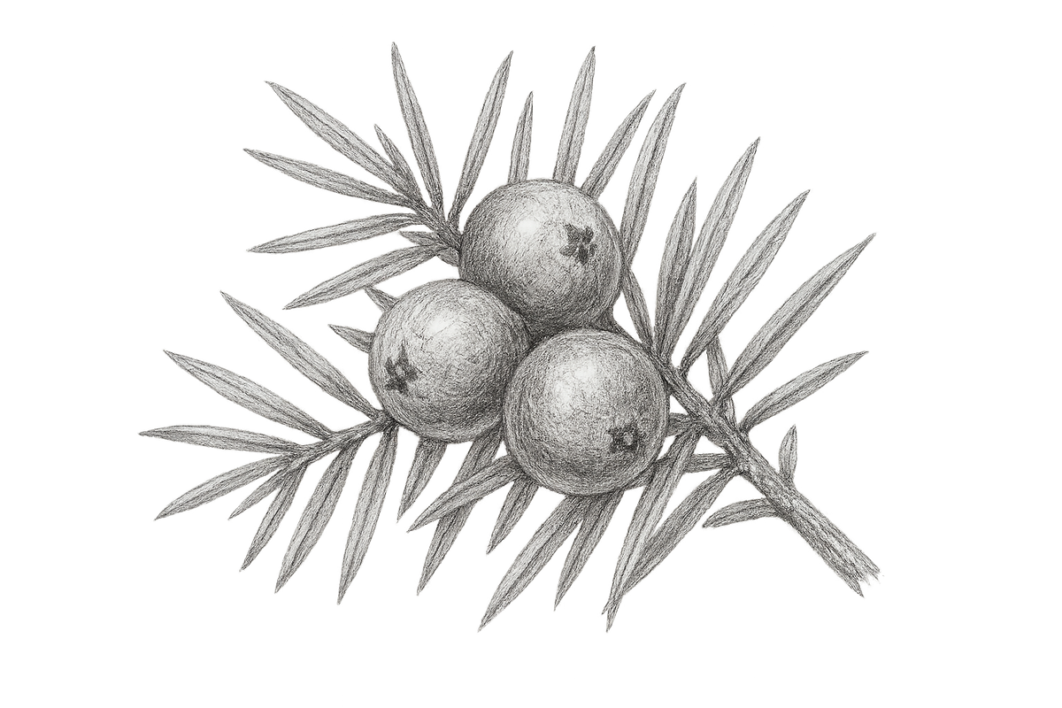 disegna a matita nera/grigia bacche di ginepro. Su sfondo bianco/trasparente